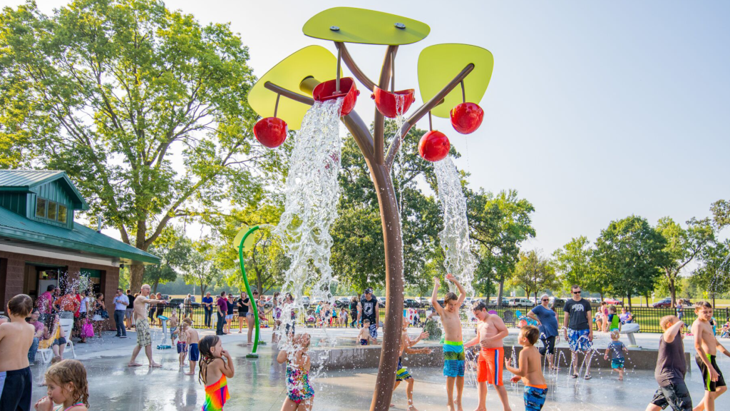 Water park with dumping buckets and children