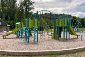 green and blue playground on wood surfacing