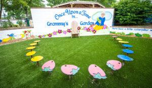 Outdoor classroom with a mural and fruit shaped seats