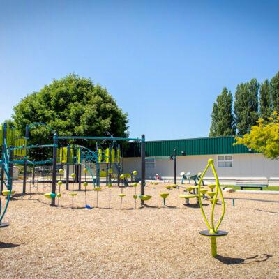 green and blue playground on woodchip surfacing