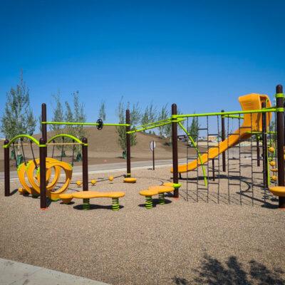 dark brown, yellow and green playground