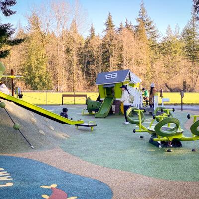 green, white, brown and gray playground on pour-in-place rubber (PIP) surfacing