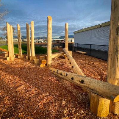 Natural Play playground on engineered wood fibre (EWF) and artificial grass surfacing