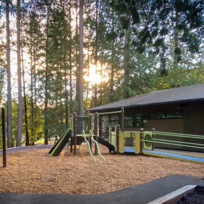 green, yellow and brown playground on engineered wood fibre (EWF) surfacing and artificial grass surfacing