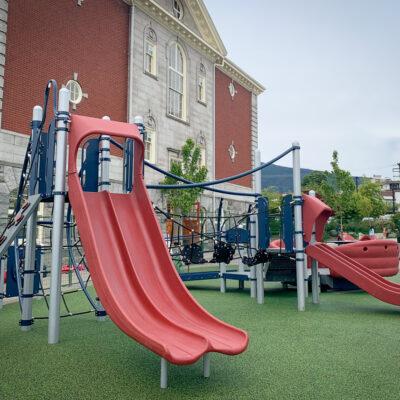 red, blue and gray playground one pour-in-place (PIP) rubber surfacing