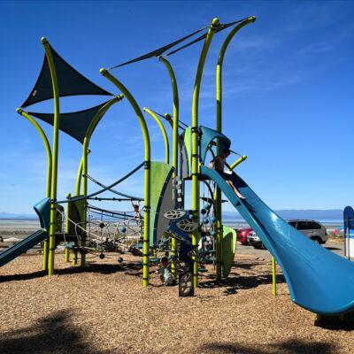 green, blue and black playground on engineered wood fibre (EWF) surfacing