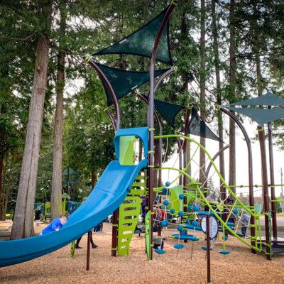 blue, green & brown playground on engineered wood fibre (EWF) surfacing