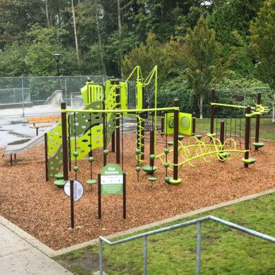 green and brown playground on engineered wood fibre (EWF) surfacing